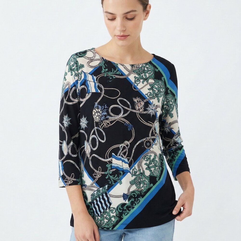 Chico's Travelers Blouse Blue Nautical Maritime Regal Coastal Resort 12/14P